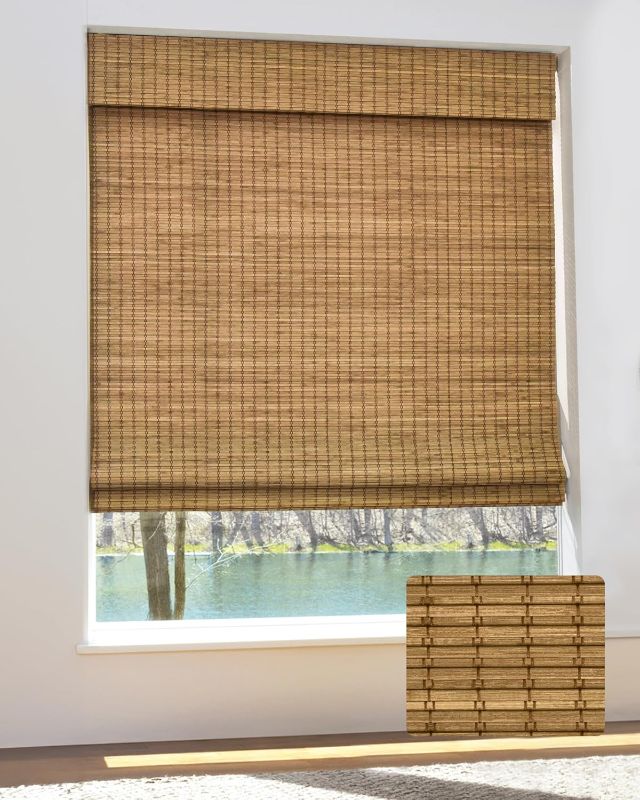 Photo 1 of Cordless Bamboo Roman Shades for Windows, Blinds Size (30 1/2" W × 64" H) Colour (Eastfield Teak) Fits Windows (30 3/4" W × 64" H)