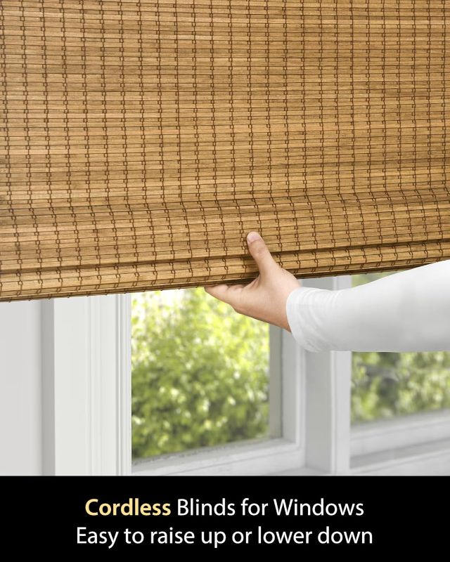 Photo 1 of Cordless Bamboo Roman Shades for Windows, Blinds Size (30 1/2" W × 64" H) Colour (Eastfield Teak) Fits Windows (30 3/4" W × 64" H)