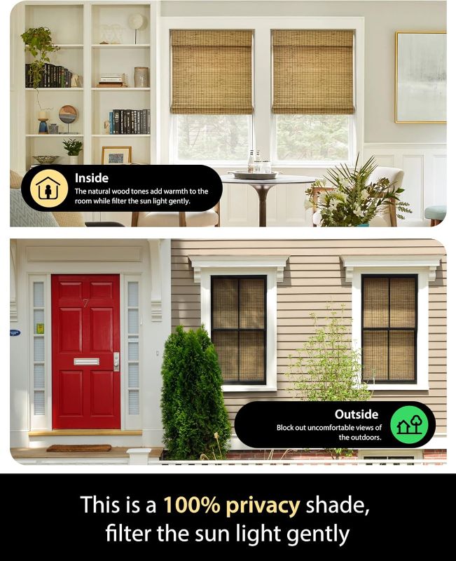 Photo 1 of Cordless Bamboo Roman Shades for Windows, Blinds Size (30 1/2" W × 64" H) Colour (Eastfield Teak) Fits Windows (30 3/4" W × 64" H)
