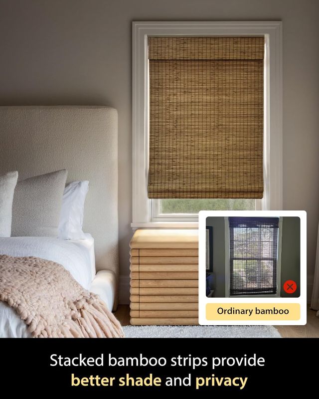 Photo 1 of Cordless Bamboo Roman Shades for Windows, Blinds Size (30 1/2" W × 64" H) Colour (Eastfield Teak) Fits Windows (30 3/4" W × 64" H)