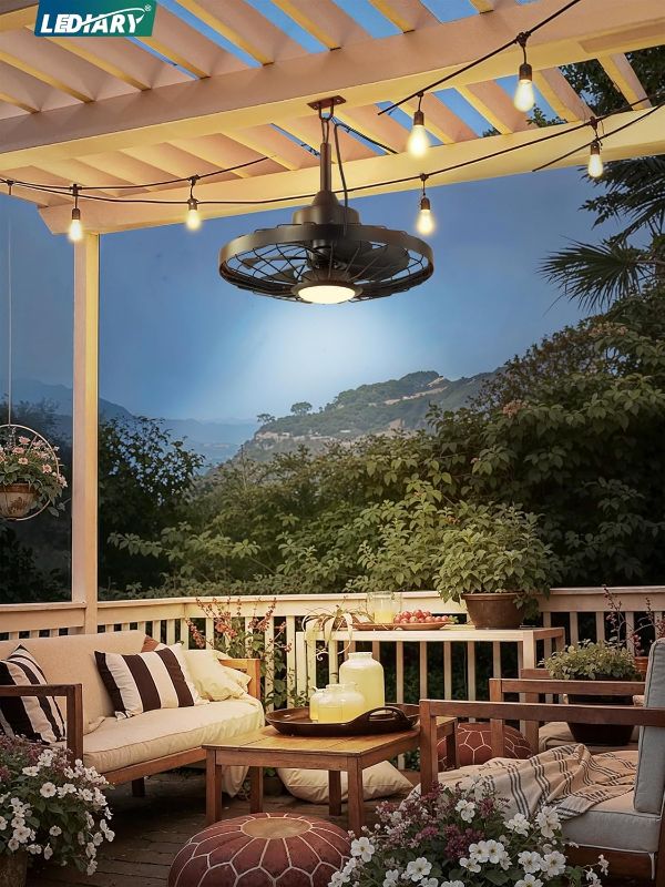 Photo 1 of LEDIARY 20" Outdoor Ceiling Fan with Lights,IP65 Waterproof Gazebo Hanging Fan with Remote Control Smart App, Plug in Caged Ceiling Fan with 3CCT 6-Speeds for Patio Porch Pergola(Black)