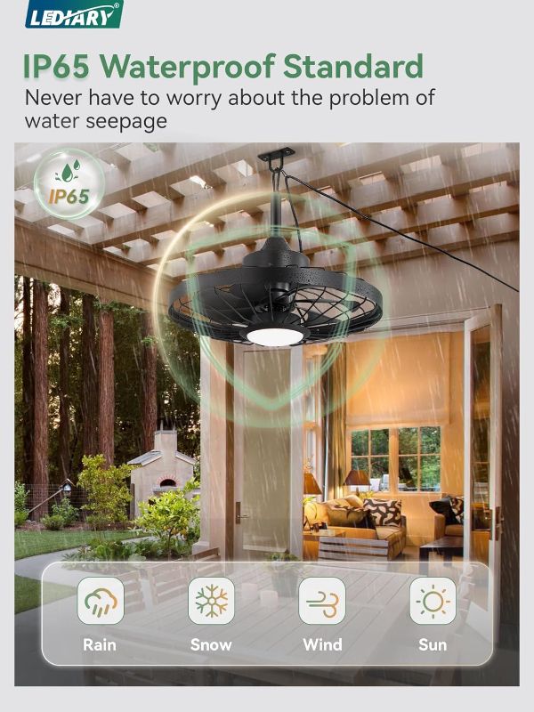 Photo 1 of LEDIARY 20" Outdoor Ceiling Fan with Lights,IP65 Waterproof Gazebo Hanging Fan with Remote Control Smart App, Plug in Caged Ceiling Fan with 3CCT 6-Speeds for Patio Porch Pergola(Black)