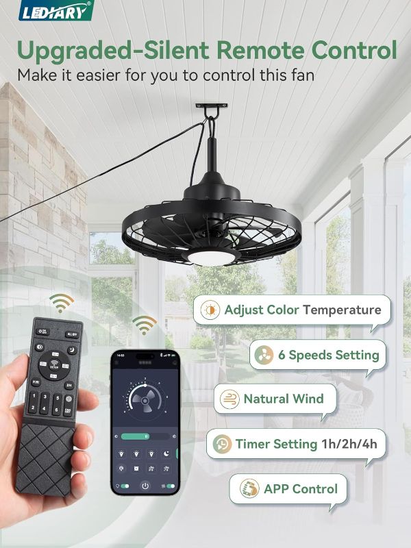 Photo 1 of LEDIARY 20" Outdoor Ceiling Fan with Lights,IP65 Waterproof Gazebo Hanging Fan with Remote Control Smart App, Plug in Caged Ceiling Fan with 3CCT 6-Speeds for Patio Porch Pergola(Black)