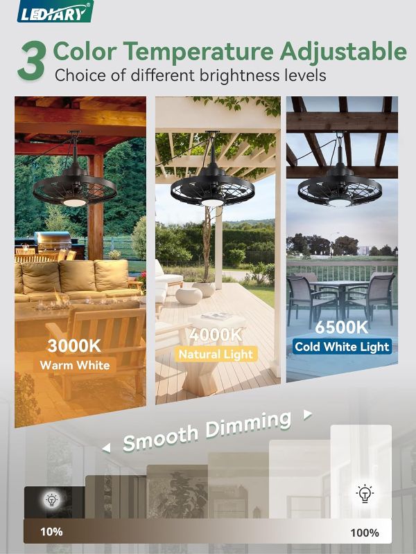 Photo 1 of LEDIARY 20" Outdoor Ceiling Fan with Lights,IP65 Waterproof Gazebo Hanging Fan with Remote Control Smart App, Plug in Caged Ceiling Fan with 3CCT 6-Speeds for Patio Porch Pergola(Black)