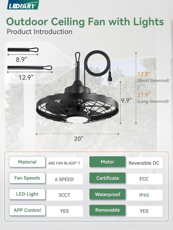 Photo 1 of LEDIARY 20" Outdoor Ceiling Fan with Lights,IP65 Waterproof Gazebo Hanging Fan with Remote Control Smart App, Plug in Caged Ceiling Fan with 3CCT 6-Speeds for Patio Porch Pergola(Black)