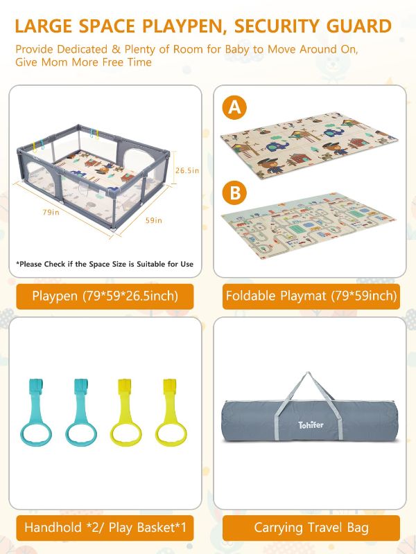 Photo 1 of Baby Playpen with Mat, Large Baby Play Yard for Toddler, BPA-Free, Non-Toxic, Safe No Gaps Playards for Babies, Indoor & Outdoor Extra Large Kids Activity Center 79"x59"x26.5" with 0.4" Playmat