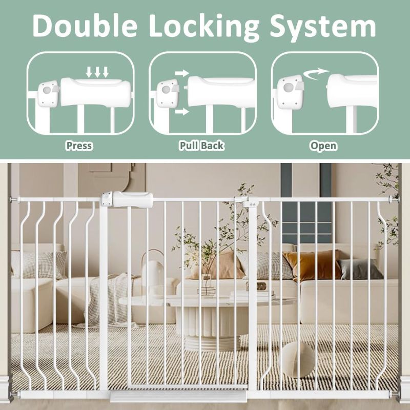 Photo 1 of 57.5"-62" Extra Wide Auto Closing Baby Safety Gate for Stairs & Doorways, Pressure Mounted No Drill Pet Gate with Walk-Through Door - Heavy Duty Childproof Gate for Toddlers, Kids, Dogs (White)