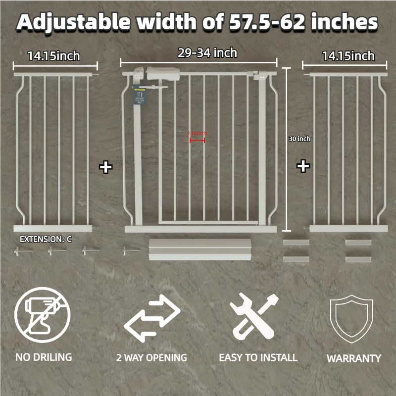 Photo 1 of 57.5"-62" Extra Wide Auto Closing Baby Safety Gate for Stairs & Doorways, Pressure Mounted No Drill Pet Gate with Walk-Through Door - Heavy Duty Childproof Gate for Toddlers, Kids, Dogs (White)