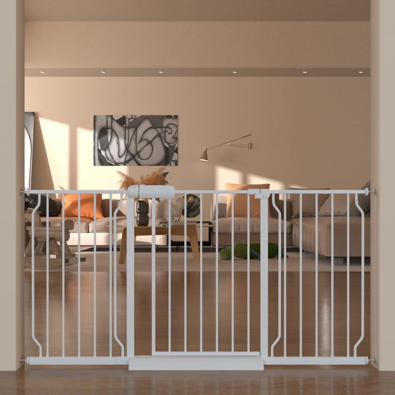 Photo 1 of 57.5"-62" Extra Wide Auto Closing Baby Safety Gate for Stairs & Doorways, Pressure Mounted No Drill Pet Gate with Walk-Through Door - Heavy Duty Childproof Gate for Toddlers, Kids, Dogs (White)