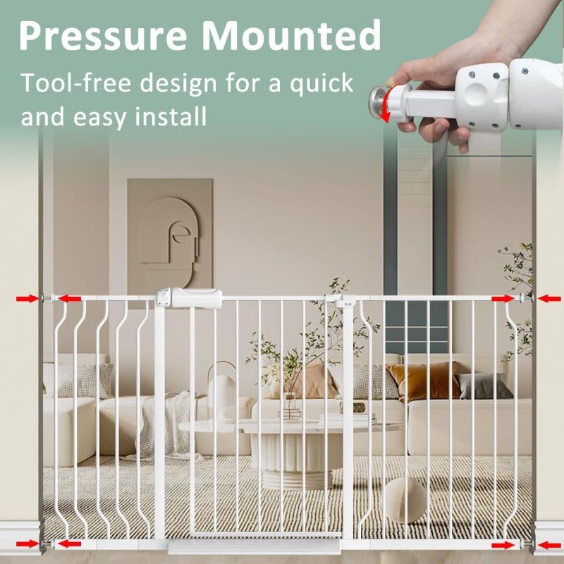 Photo 1 of 57.5"-62" Extra Wide Auto Closing Baby Safety Gate for Stairs & Doorways, Pressure Mounted No Drill Pet Gate with Walk-Through Door - Heavy Duty Childproof Gate for Toddlers, Kids, Dogs (White)