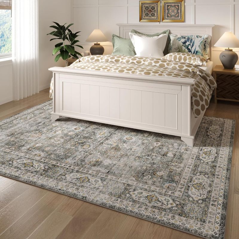Photo 1 of 9x12 Rug Washable Boho Rug Soft Large Area Rug Non-Slip Non-Shedding Faux Wool Vintage Rug for Living Room, Farmhouse, Dining Room, Indoor, Kids Playroom (Grey)