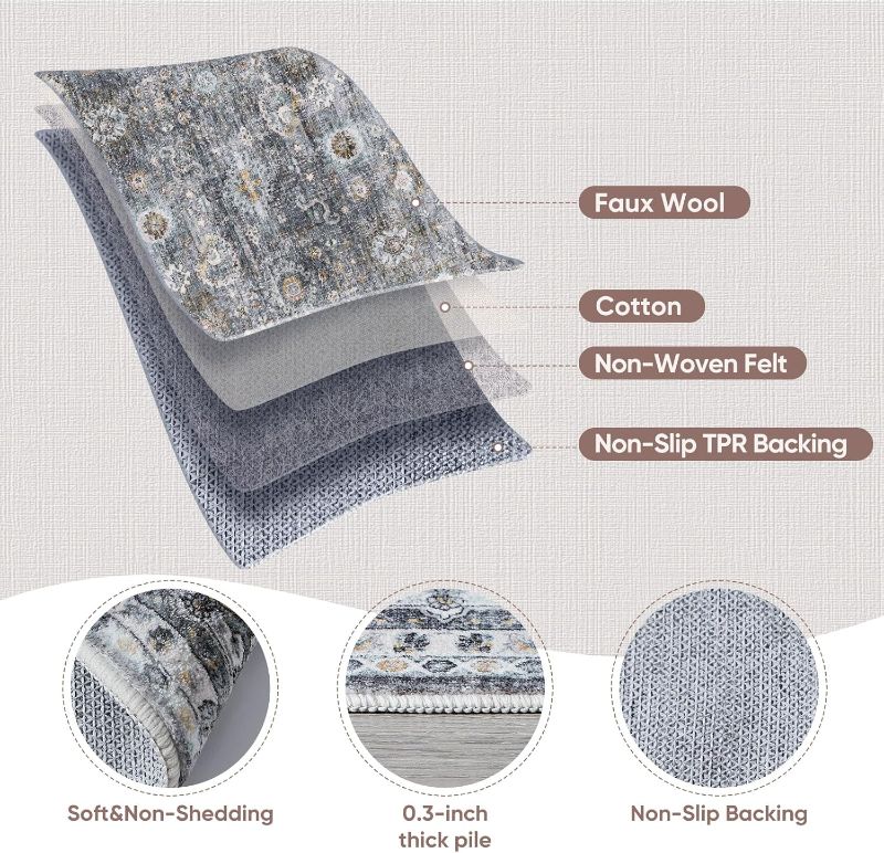 Photo 1 of 9x12 Rug Washable Boho Rug Soft Large Area Rug Non-Slip Non-Shedding Faux Wool Vintage Rug for Living Room, Farmhouse, Dining Room, Indoor, Kids Playroom (Grey)