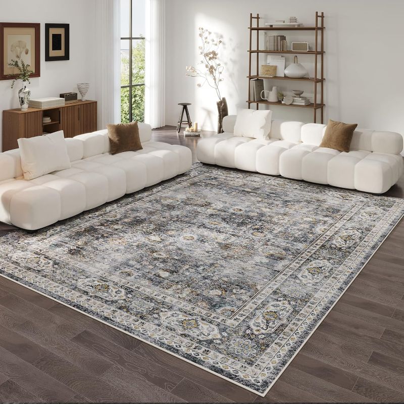Photo 1 of 9x12 Rug Washable Boho Rug Soft Large Area Rug Non-Slip Non-Shedding Faux Wool Vintage Rug for Living Room, Farmhouse, Dining Room, Indoor, Kids Playroom (Grey)