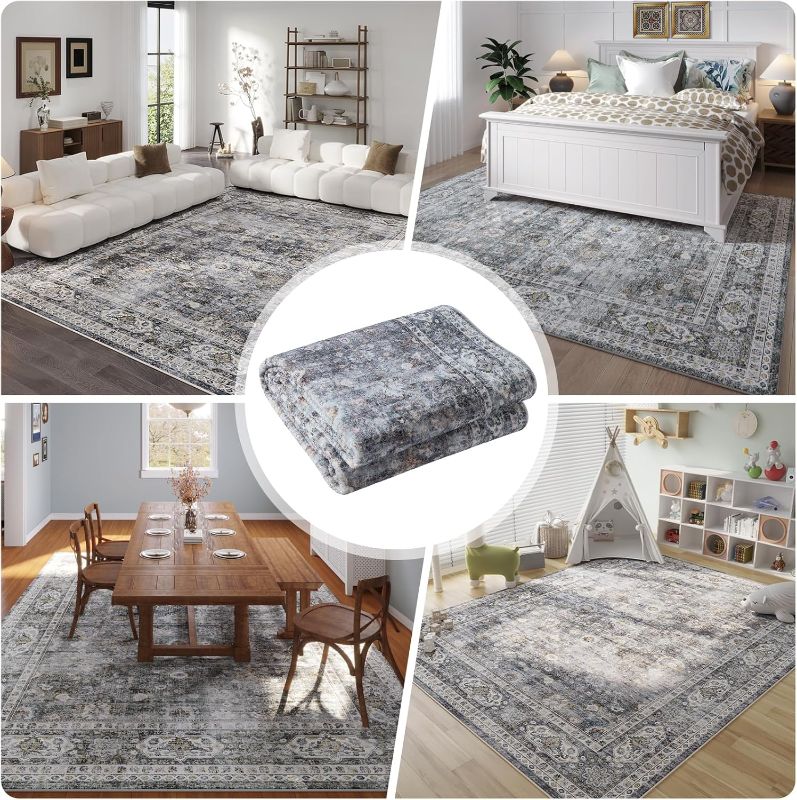 Photo 1 of 9x12 Rug Washable Boho Rug Soft Large Area Rug Non-Slip Non-Shedding Faux Wool Vintage Rug for Living Room, Farmhouse, Dining Room, Indoor, Kids Playroom (Grey)