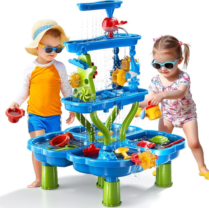 Photo 1 of 4 -Tier Kids Water Play Table for Kids Toddlers 3-5 4-8, Sand and Water Table with Rich Activity Set, Water and Sand Sensory Activity Play Table Summer Beach Outdoor Indoor Toys for 3 4 5 6 7 8