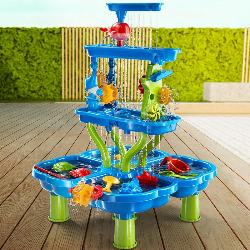 Photo 1 of 4 -Tier Kids Water Play Table for Kids Toddlers 3-5 4-8, Sand and Water Table with Rich Activity Set, Water and Sand Sensory Activity Play Table Summer Beach Outdoor Indoor Toys for 3 4 5 6 7 8