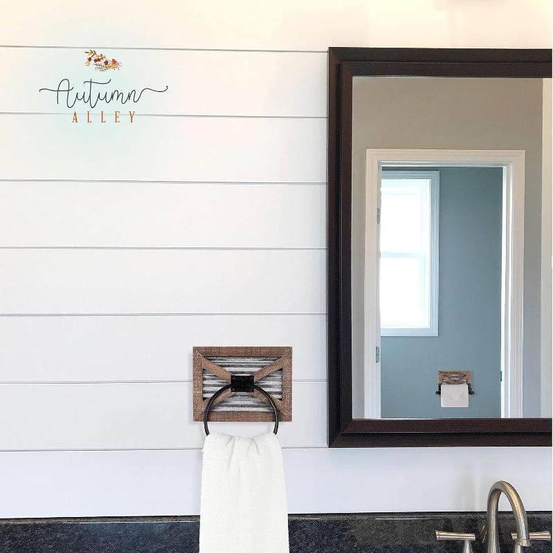 Photo 1 of Autumn Alley Farmhouse Toilet Paper Holder, Towel Ring for Bathroom, Farmhouse Towel Rack Holder Set, 3PCS, Wall Mount for Farmhouse Bathroom Decor and Accessories, Rustic Wooden, Brown