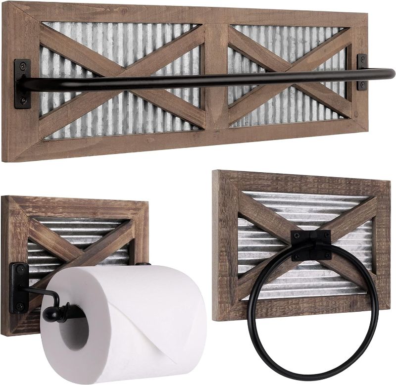 Photo 1 of Autumn Alley Farmhouse Toilet Paper Holder, Towel Ring for Bathroom, Farmhouse Towel Rack Holder Set, 3PCS, Wall Mount for Farmhouse Bathroom Decor and Accessories, Rustic Wooden, Brown