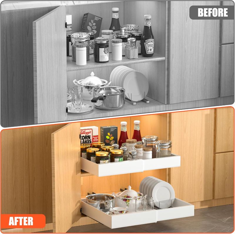 Photo 1 of 2 Pack Pull Out Cabinet Organizer Expandable, Adhesive with Nano Film, Pull Out Drawers for Cabinets in Kitchen, Pantry or Bathroom (White, 21" DEEP)