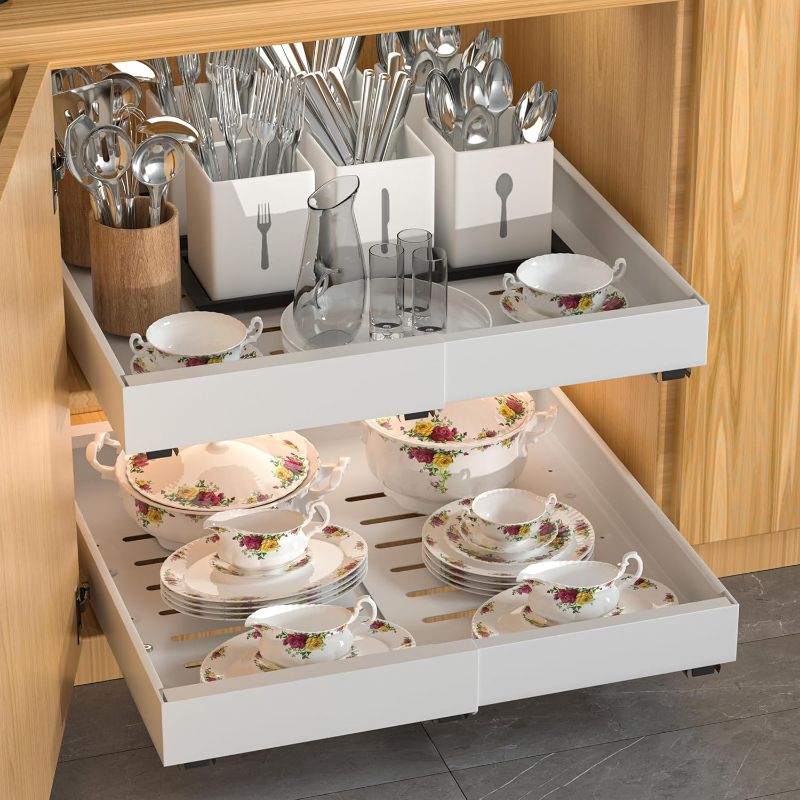 Photo 1 of 2 Pack Pull Out Cabinet Organizer Expandable, Adhesive with Nano Film, Pull Out Drawers for Cabinets in Kitchen, Pantry or Bathroom (White, 21" DEEP)