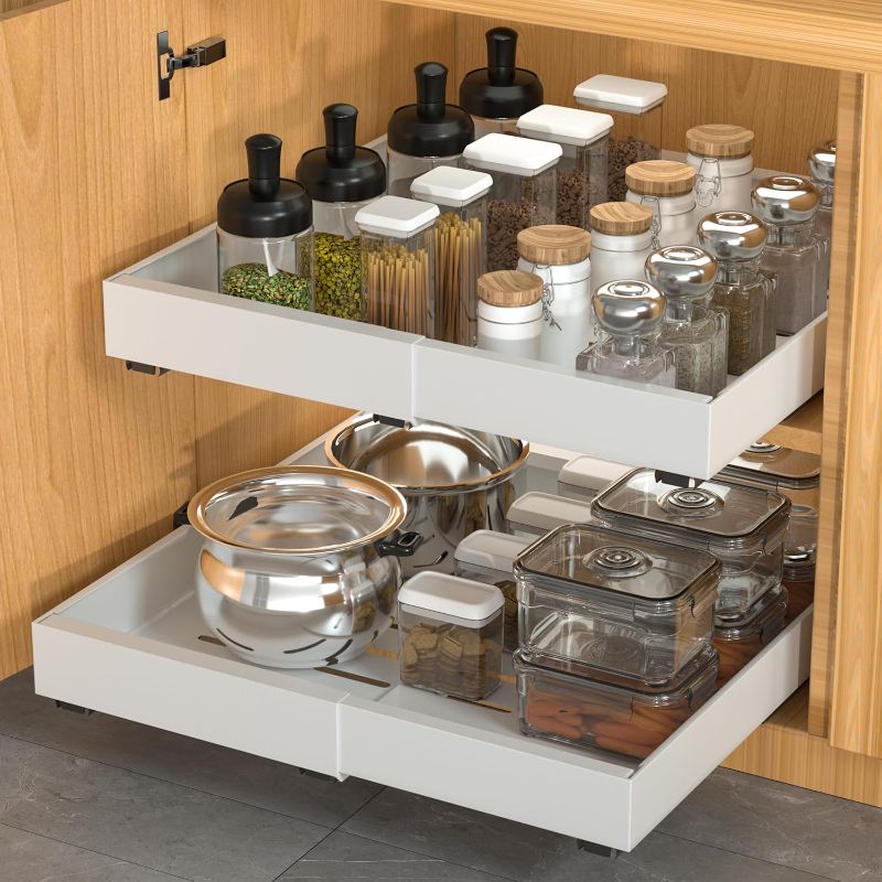 Photo 1 of 2 Pack Pull Out Cabinet Organizer Expandable, Adhesive with Nano Film, Pull Out Drawers for Cabinets in Kitchen, Pantry or Bathroom (White, 21" DEEP)