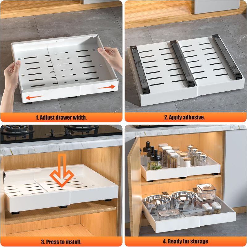 Photo 1 of 2 Pack Pull Out Cabinet Organizer Expandable, Adhesive with Nano Film, Pull Out Drawers for Cabinets in Kitchen, Pantry or Bathroom (White, 21" DEEP)
