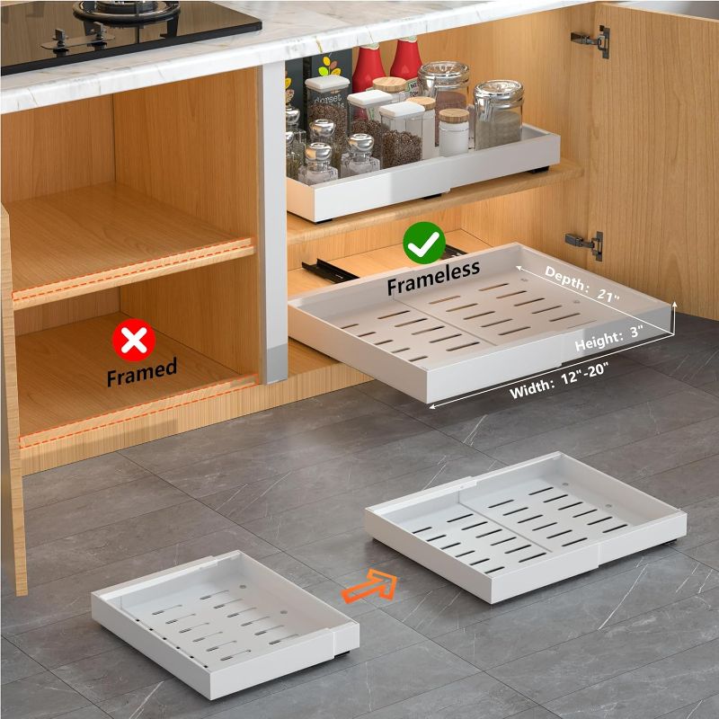 Photo 1 of 2 Pack Pull Out Cabinet Organizer Expandable, Adhesive with Nano Film, Pull Out Drawers for Cabinets in Kitchen, Pantry or Bathroom (White, 21" DEEP)