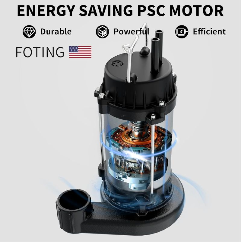 Photo 1 of FOTING 1HP Submersible Sump Pump Cast Iron and Stainless Steel, 6000 GPH Sewage/Effluent Pump, 115V Automatic Tethered Float Switch, Septic Pumps for Basement, Septic Tank, Basin, Sewage System