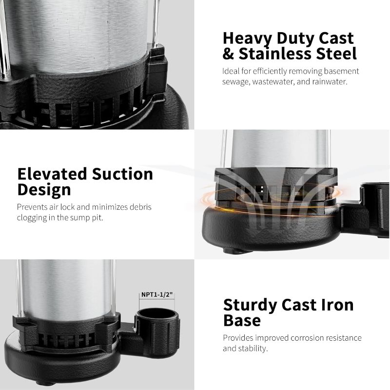 Photo 1 of FOTING 1HP Submersible Sump Pump Cast Iron and Stainless Steel, 6000 GPH Sewage/Effluent Pump, 115V Automatic Tethered Float Switch, Septic Pumps for Basement, Septic Tank, Basin, Sewage System