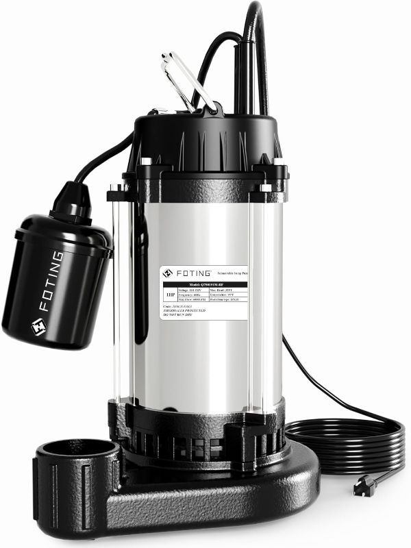 Photo 1 of FOTING 1HP Submersible Sump Pump Cast Iron and Stainless Steel, 6000 GPH Sewage/Effluent Pump, 115V Automatic Tethered Float Switch, Septic Pumps for Basement, Septic Tank, Basin, Sewage System