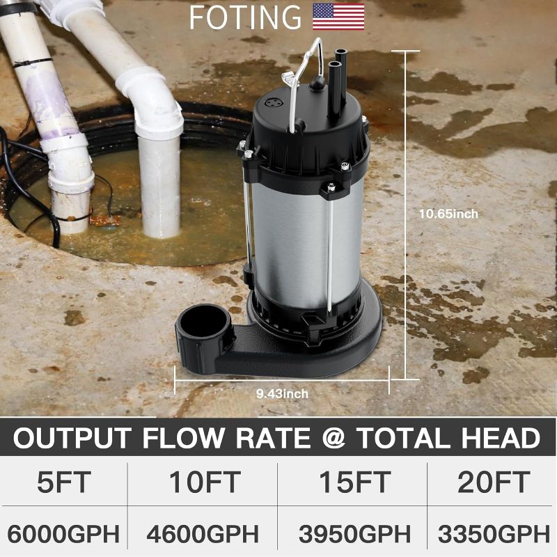 Photo 1 of FOTING 1HP Submersible Sump Pump Cast Iron and Stainless Steel, 6000 GPH Sewage/Effluent Pump, 115V Automatic Tethered Float Switch, Septic Pumps for Basement, Septic Tank, Basin, Sewage System
