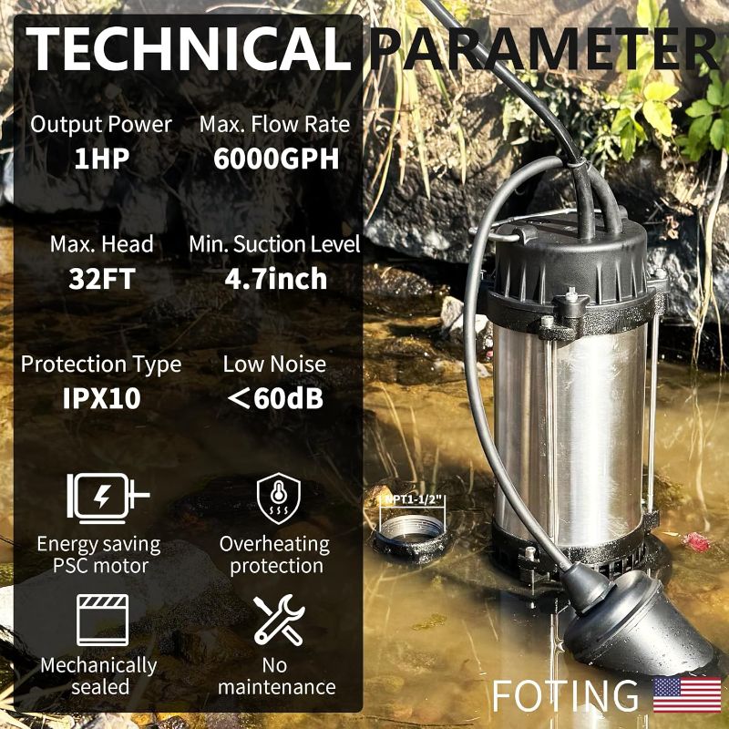 Photo 1 of FOTING 1HP Submersible Sump Pump Cast Iron and Stainless Steel, 6000 GPH Sewage/Effluent Pump, 115V Automatic Tethered Float Switch, Septic Pumps for Basement, Septic Tank, Basin, Sewage System