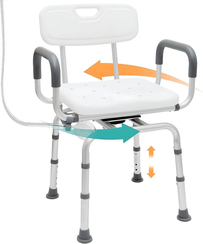 Photo 1 of 360 Degree Shower Chair Swivel,Portable Seat with Armrests and Back, Adjustable Height Seat for Bathtub (White1)