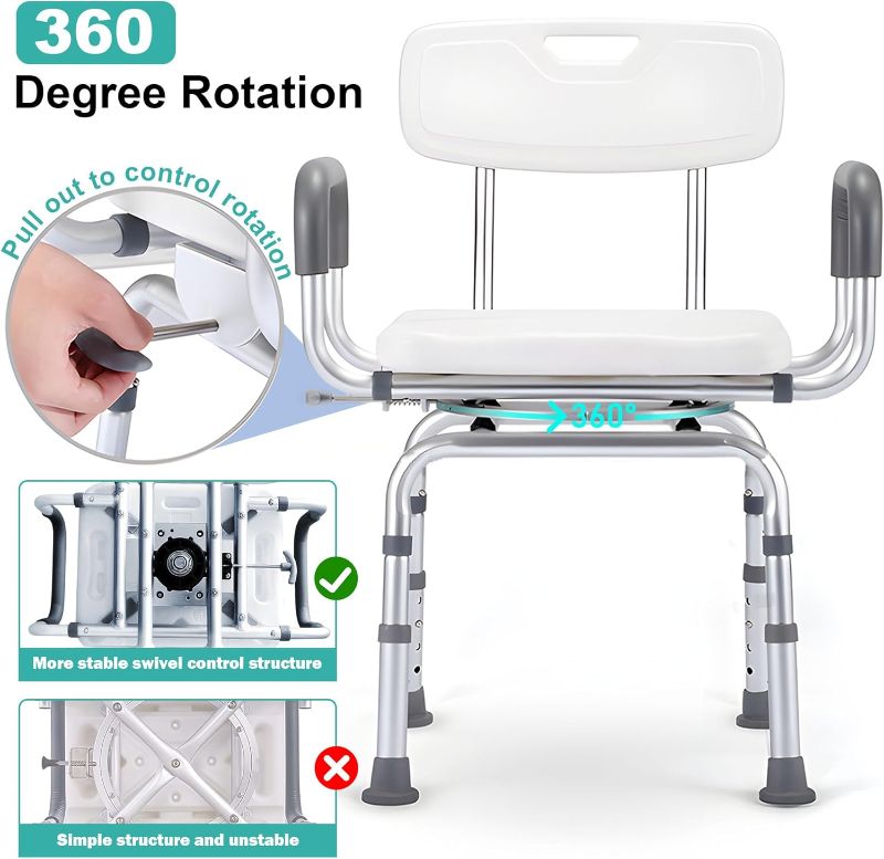 Photo 1 of 360 Degree Shower Chair Swivel,Portable Seat with Armrests and Back, Adjustable Height Seat for Bathtub (White1)