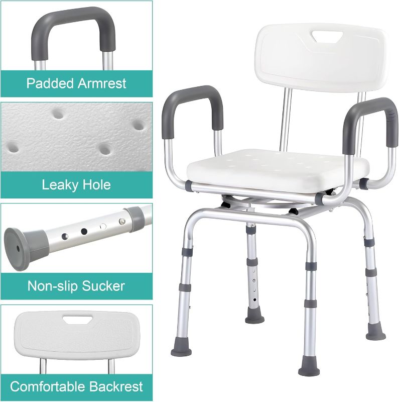 Photo 1 of 360 Degree Shower Chair Swivel,Portable Seat with Armrests and Back, Adjustable Height Seat for Bathtub (White1)