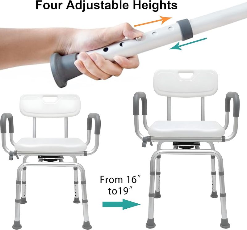 Photo 1 of 360 Degree Shower Chair Swivel,Portable Seat with Armrests and Back, Adjustable Height Seat for Bathtub (White1)