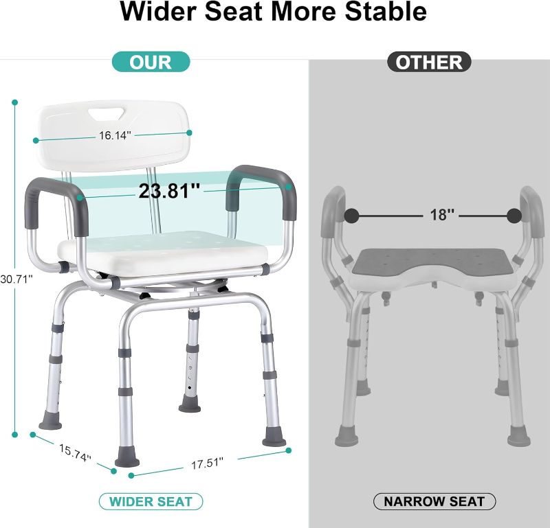 Photo 1 of 360 Degree Shower Chair Swivel,Portable Seat with Armrests and Back, Adjustable Height Seat for Bathtub (White1)