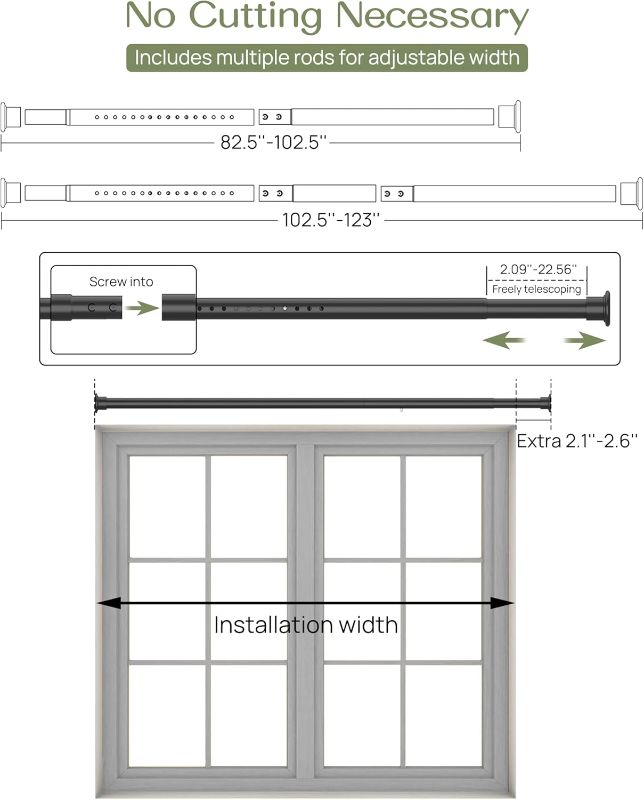 Photo 1 of ALLZONE Tension Curtain Rod for Window, 83-123 Inches, Heavy Duty Curtain Rods No Drilling, Non-Slip Bathroom Shower Tension Rod, Renter Friendly, Adjustable, Spring Loaded, Extra Long, Black