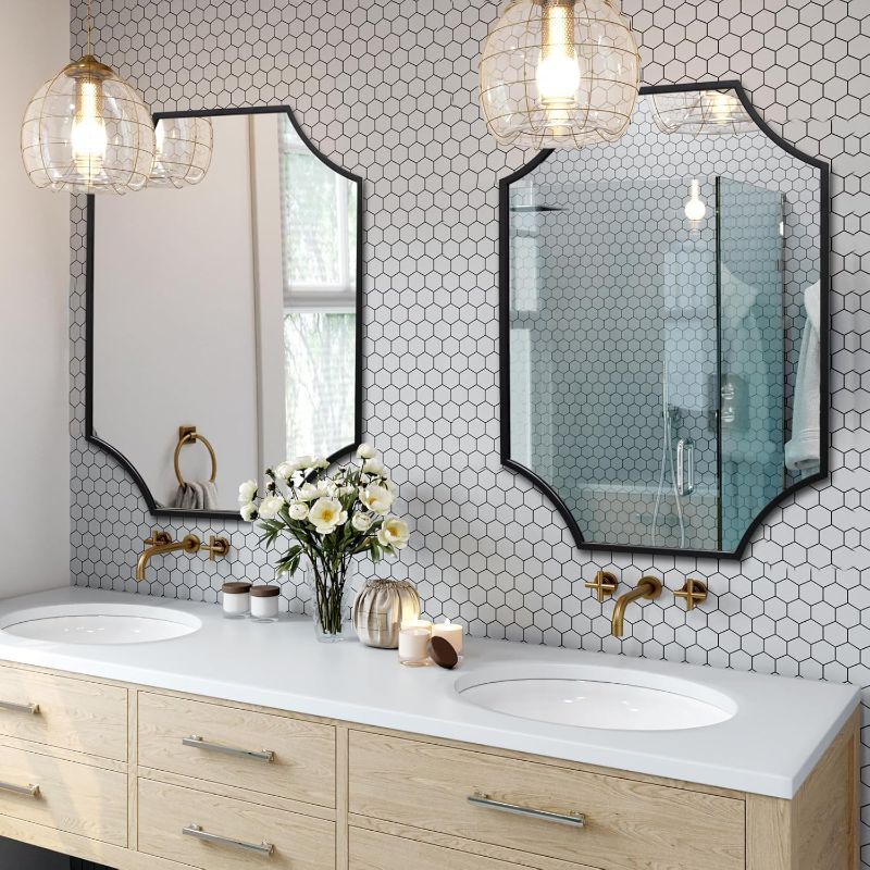 Photo 1 of Scallop Wall Mirror, Black Bathroom Mirror 30x40 inch with Aluminium Frame, Wall-Mounted Mirror, Large Vanity Mirror, Deacor Mirror 30 x 40, Metal Mirror for Bedroom, Living Room, Entryway