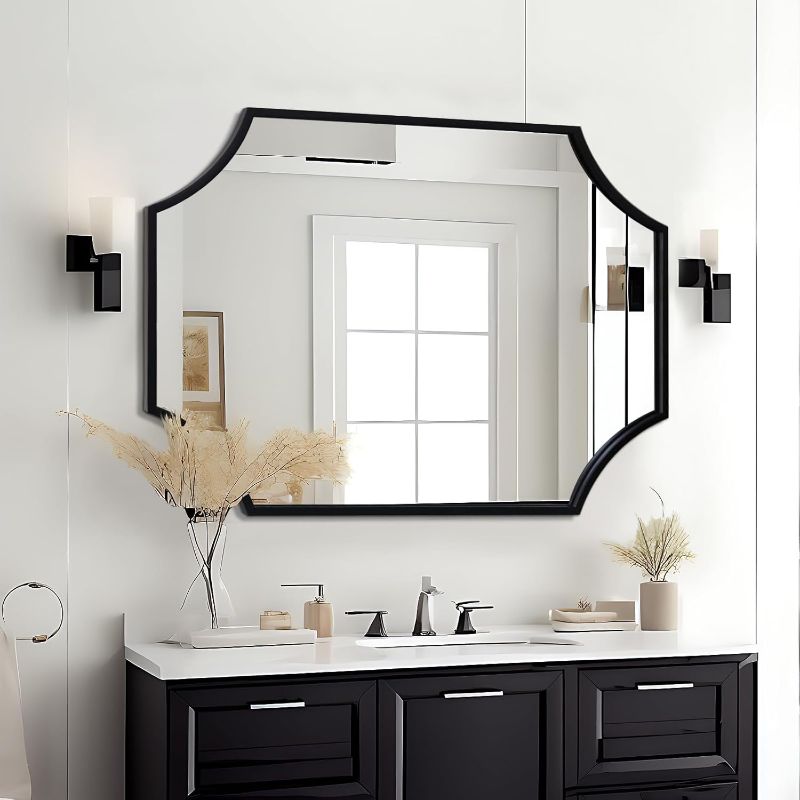 Photo 1 of Scallop Wall Mirror, Black Bathroom Mirror 30x40 inch with Aluminium Frame, Wall-Mounted Mirror, Large Vanity Mirror, Deacor Mirror 30 x 40, Metal Mirror for Bedroom, Living Room, Entryway
