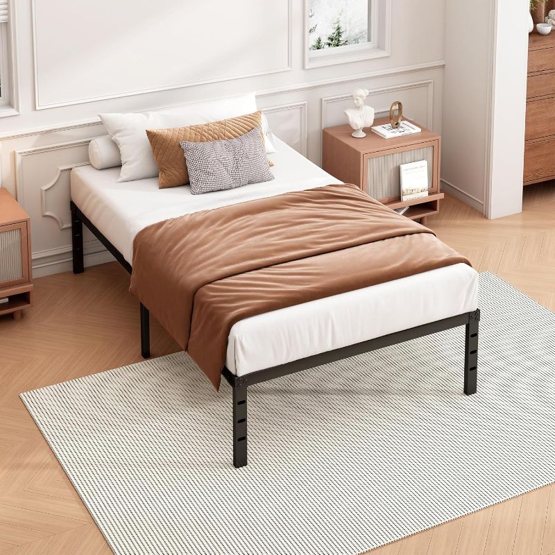 Photo 1 of 18 Inch Twin Bed Frame - Sturdy Metal Platform Twin Size, No Box Spring Needed, Heavy Duty, Easy Assembly, Strong Bearing Capacity, Under Bed Storage, Black