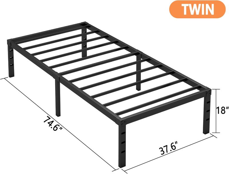 Photo 1 of 18 Inch Twin Bed Frame - Sturdy Metal Platform Twin Size, No Box Spring Needed, Heavy Duty, Easy Assembly, Strong Bearing Capacity, Under Bed Storage, Black