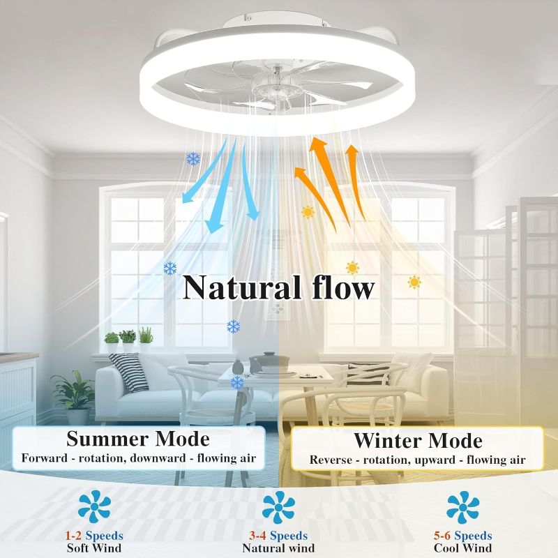 Photo 1 of Ceiling Fans with Lights and Remote Fandelier - White 20'' Flush Mount Low Profile Modern Ceiling Fans for Bedroom - Stepless Color Temperature and 6 Speeds