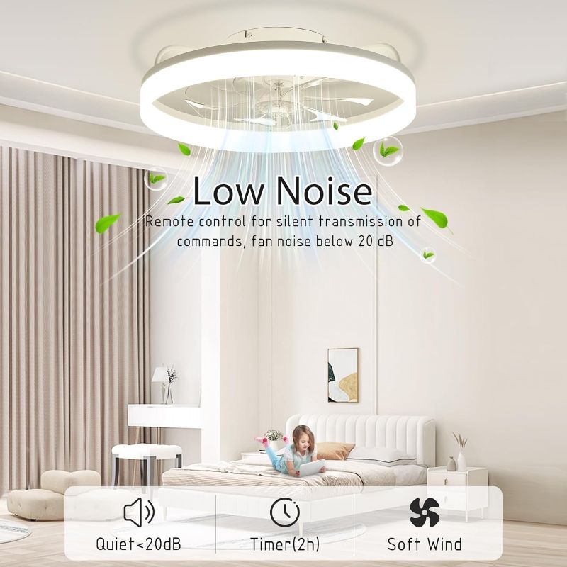 Photo 1 of Ceiling Fans with Lights and Remote Fandelier - White 20'' Flush Mount Low Profile Modern Ceiling Fans for Bedroom - Stepless Color Temperature and 6 Speeds