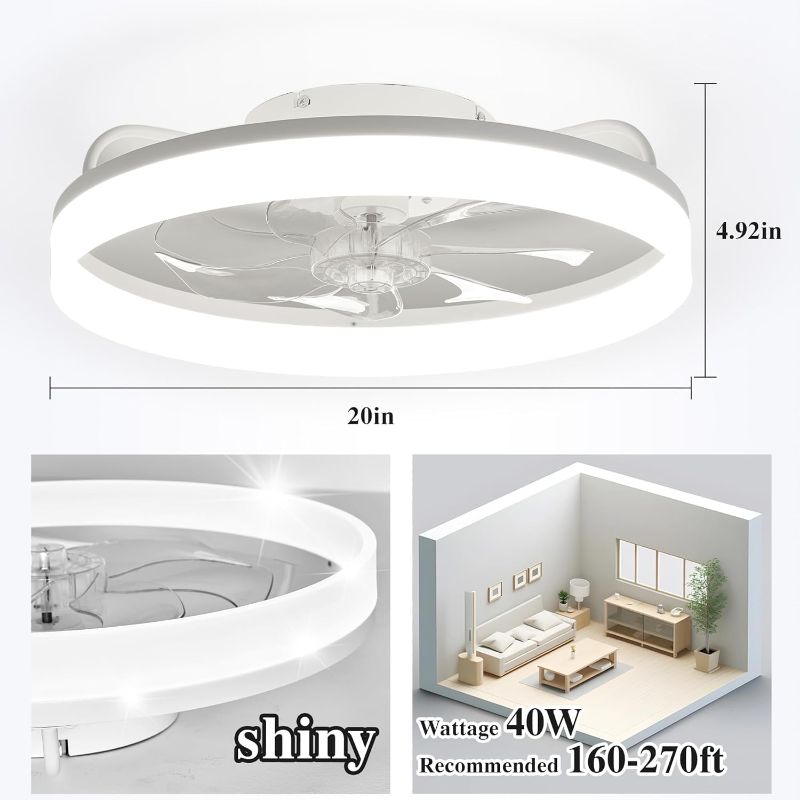 Photo 1 of Ceiling Fans with Lights and Remote Fandelier - White 20'' Flush Mount Low Profile Modern Ceiling Fans for Bedroom - Stepless Color Temperature and 6 Speeds