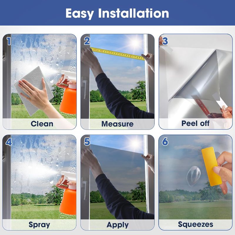Photo 1 of Coavas One Way Privacy Window Film, Sun Blocking Reflective Window Film See Out Not in, Heat Control Window Tint for Home, Anti UV Static Cling for Windows Office Door (Silver, 17.7 x 118 inches)