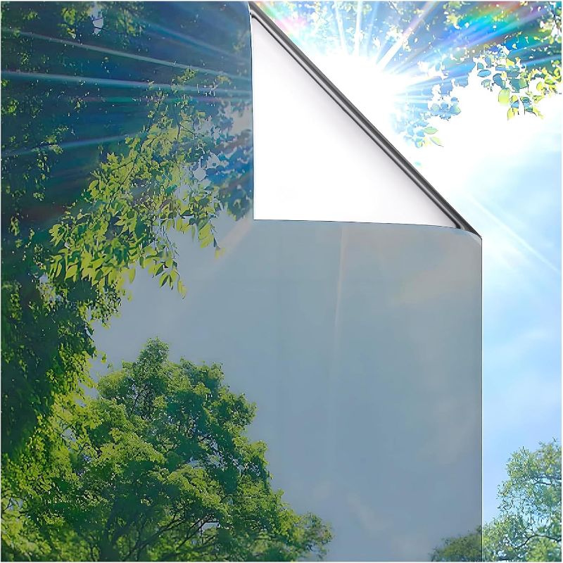 Photo 1 of Coavas One Way Privacy Window Film, Sun Blocking Reflective Window Film See Out Not in, Heat Control Window Tint for Home, Anti UV Static Cling for Windows Office Door (Silver, 17.7 x 118 inches)