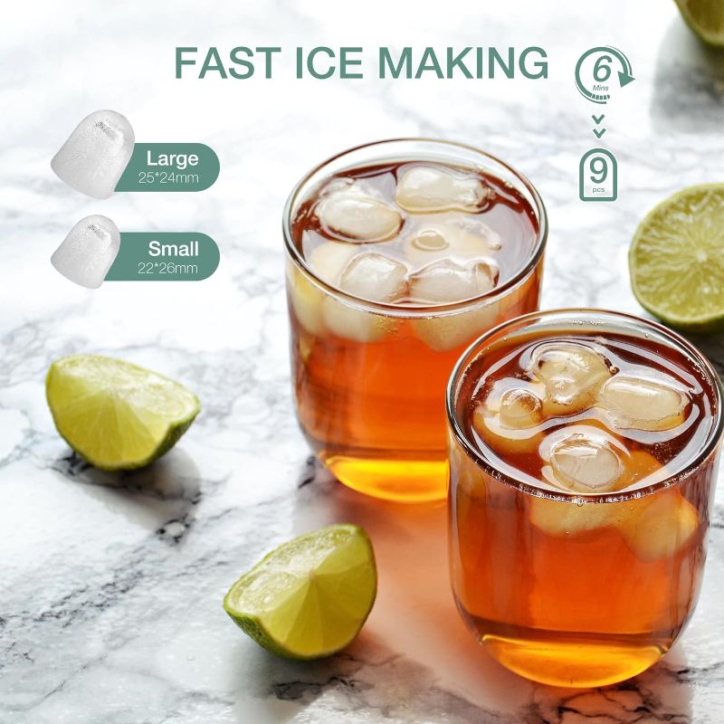Photo 1 of Countertop Ice Maker,9 Cubes in 6 Mins,26lbs in 24Hrs,2 Sizes of Bullet Ice,Auto-Cleaning,Portable Ice Machine with Handle,Basket and Scoop for Home Kitchen,Party and Camping(Black)