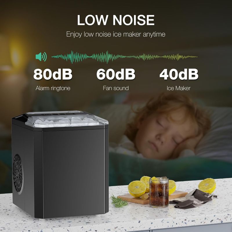 Photo 1 of Countertop Ice Maker,9 Cubes in 6 Mins,26lbs in 24Hrs,2 Sizes of Bullet Ice,Auto-Cleaning,Portable Ice Machine with Handle,Basket and Scoop for Home Kitchen,Party and Camping(Black)