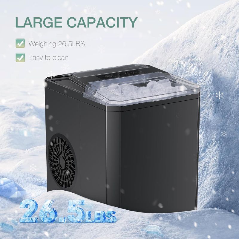 Photo 1 of Countertop Ice Maker,9 Cubes in 6 Mins,26lbs in 24Hrs,2 Sizes of Bullet Ice,Auto-Cleaning,Portable Ice Machine with Handle,Basket and Scoop for Home Kitchen,Party and Camping(Black)